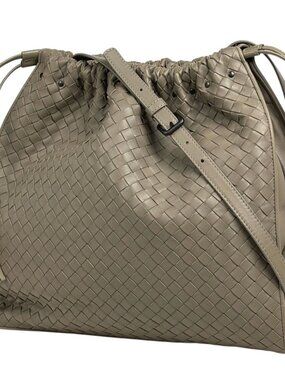 Bottega Veneta Intrecciato Shoulder Bag Drawstring Leather Gray